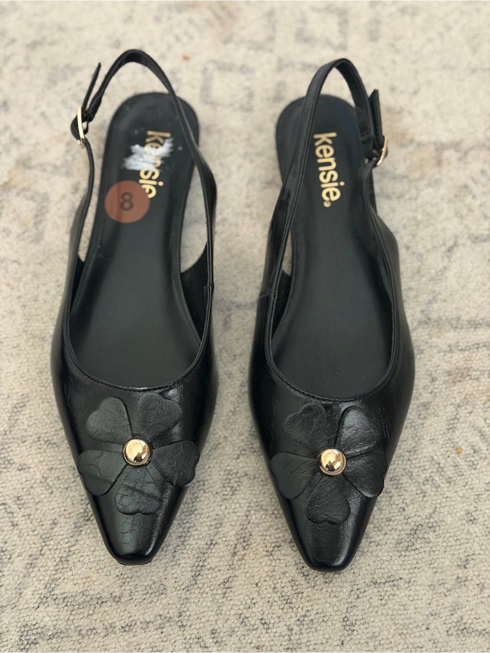 Kensie Black Leather Pointed Slingback Flats with Floral Accent